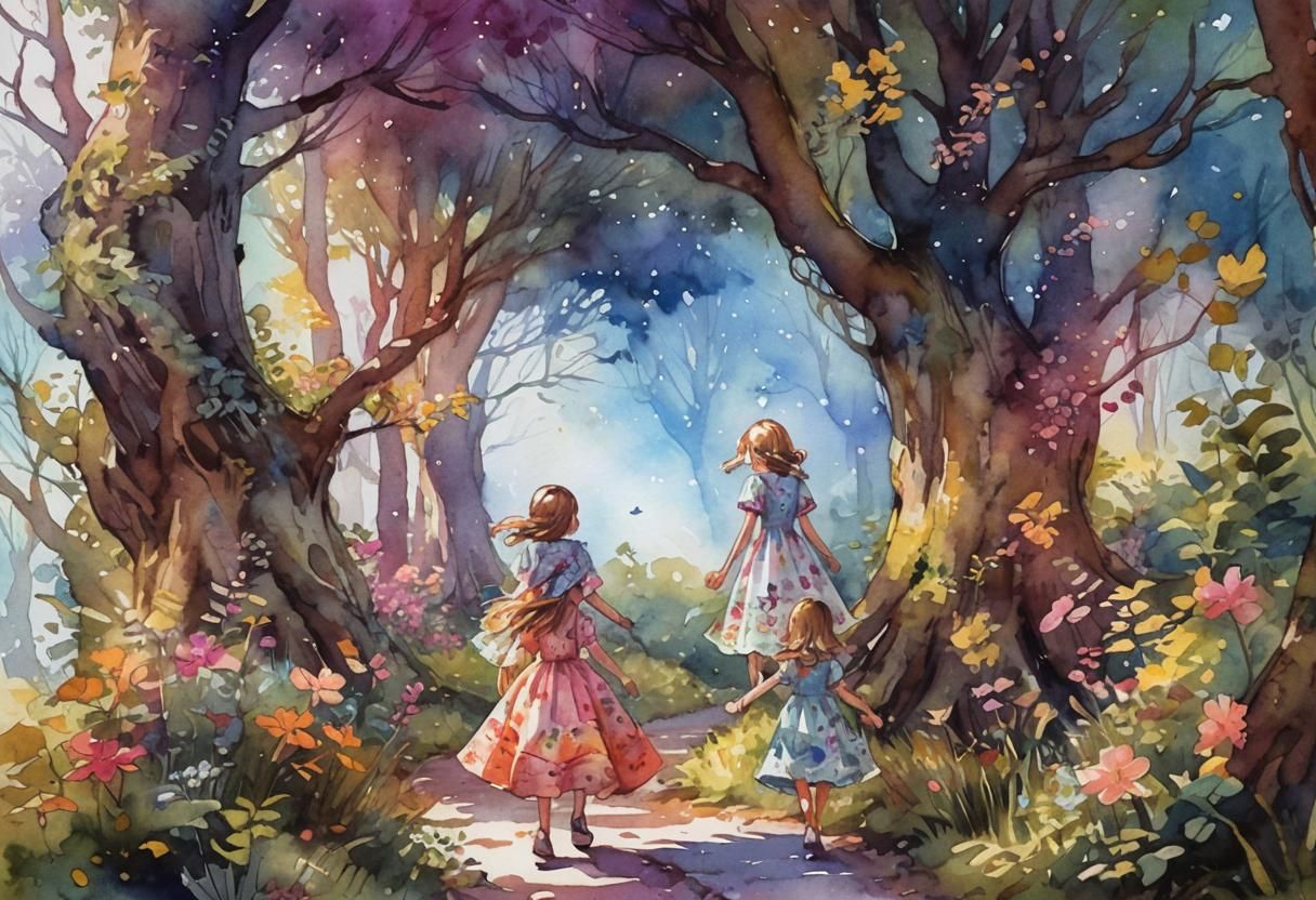Two Girls Walking in Lush Forest Watercolor