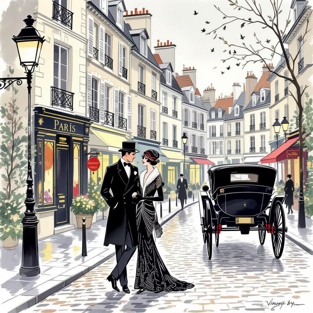 1920s Couple in Paris: Vintage Noir Illustration