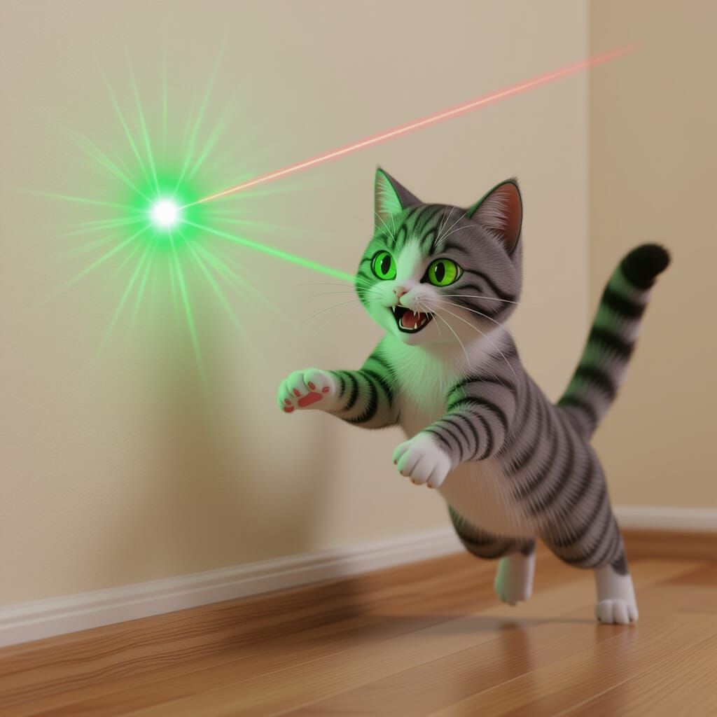 Cat Lunging for Laser Dot in Dramatic Anime Style
