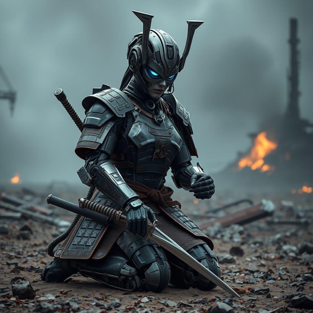 Gigantic Female Robot Samurai in Battle Armor