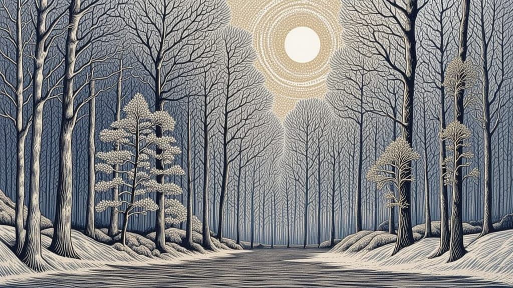 Ethereal Frosty Leaves in Blue Ink Drawing