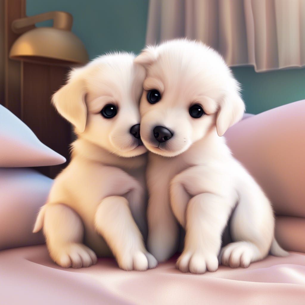 Adorable Puppies Snuggling in Cartoon Style