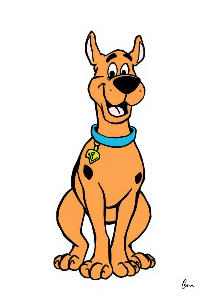 Brown and Blue Cartoon Line Drawing of Scooby Doo