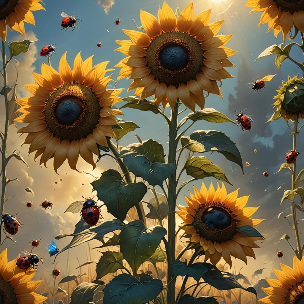 Sunflower with Ladybugs: Fantasy Digital Painting