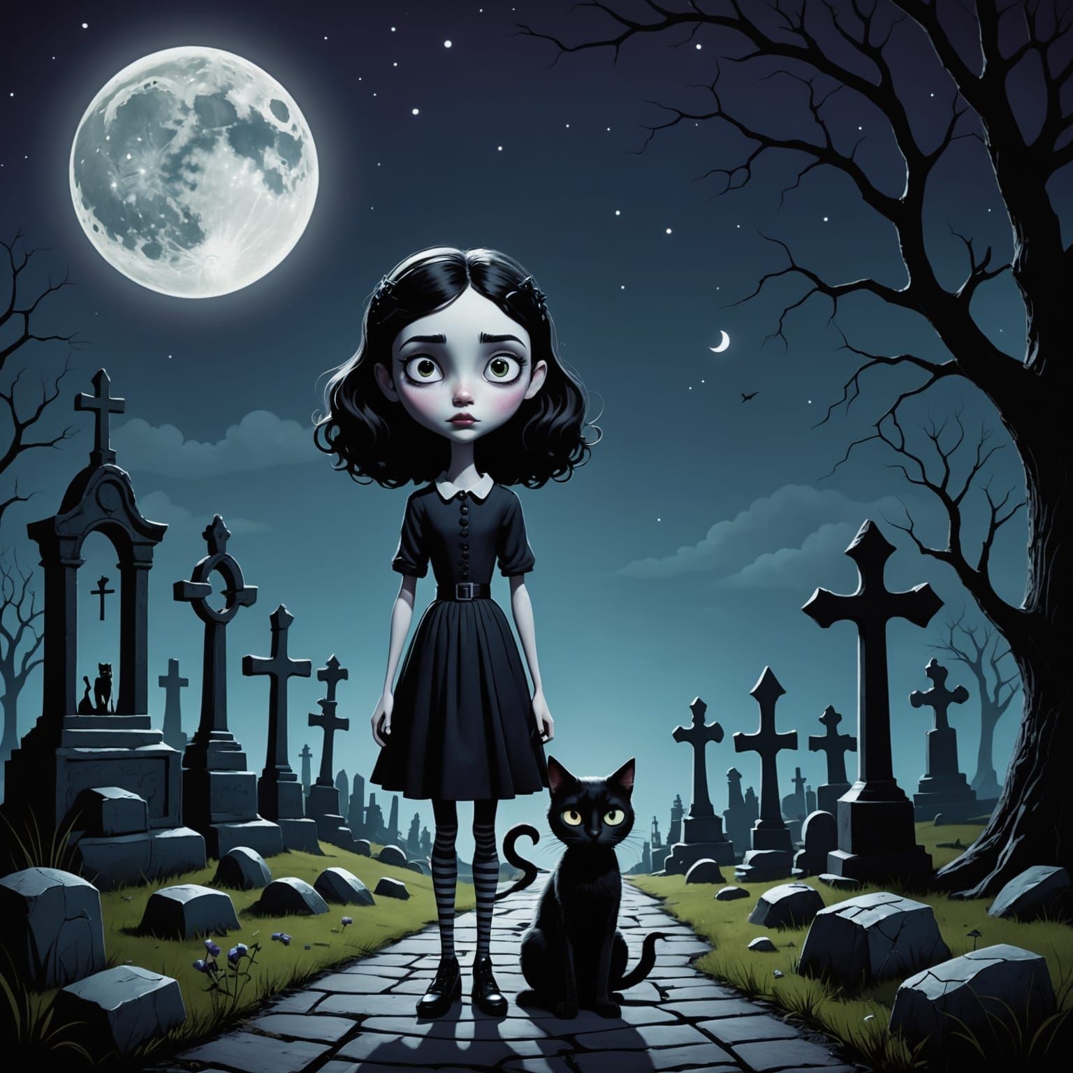 Tim Burton Style Girl and Black Cat in Moonlit Cemetery