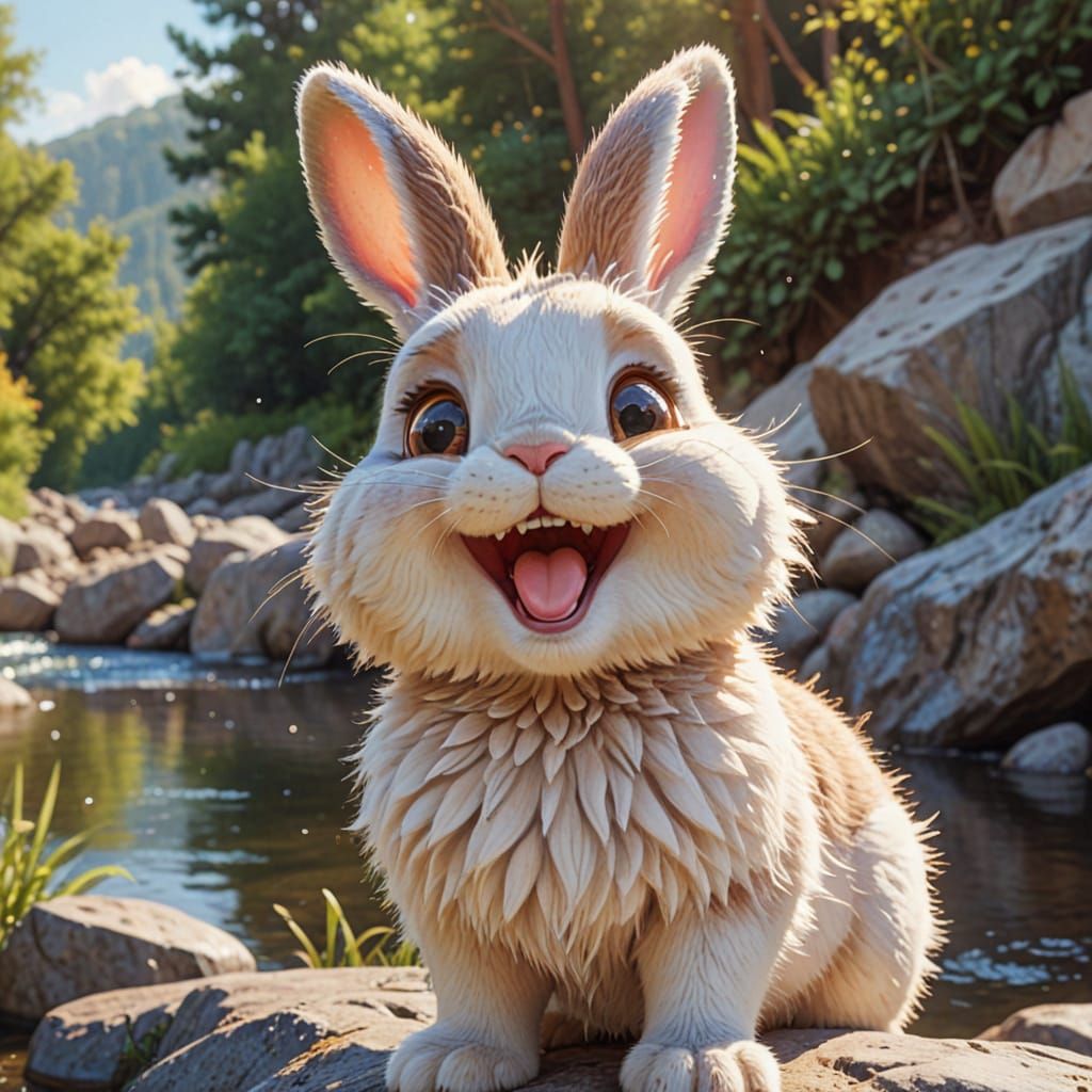 Cartoon Bunny Laughing by River in Watercolor Style