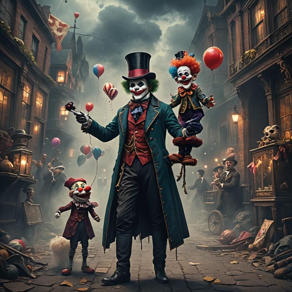 Masked Man with Clown Puppet in Victorian Dress