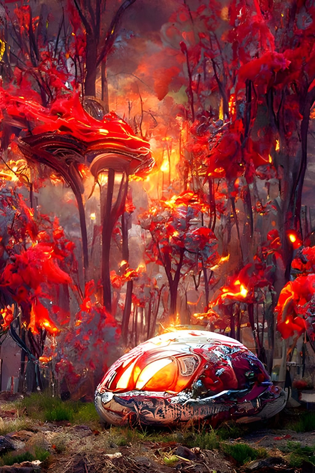 Alien Pod in Burning Forest: Hyperrealistic Fantasy