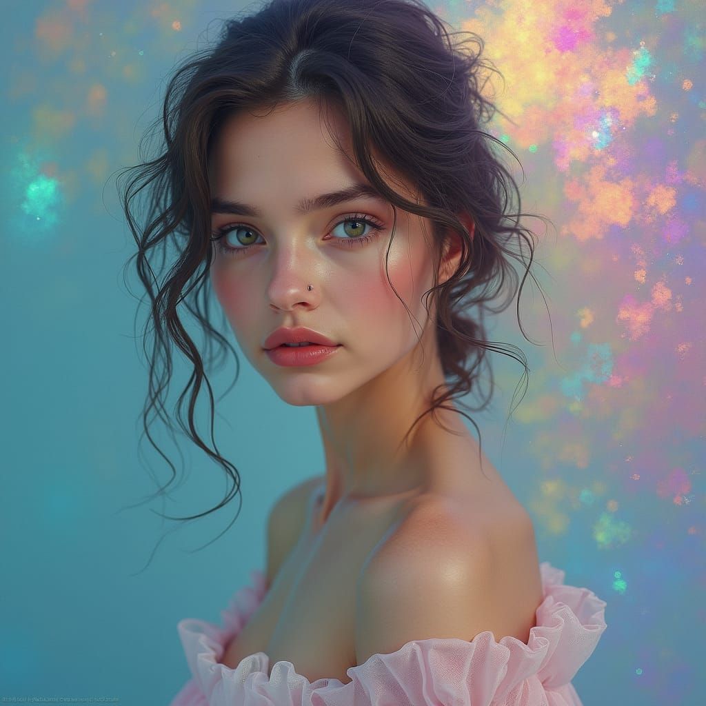 Ethereal Woman in Iridescent Mist, Romantic Portrait