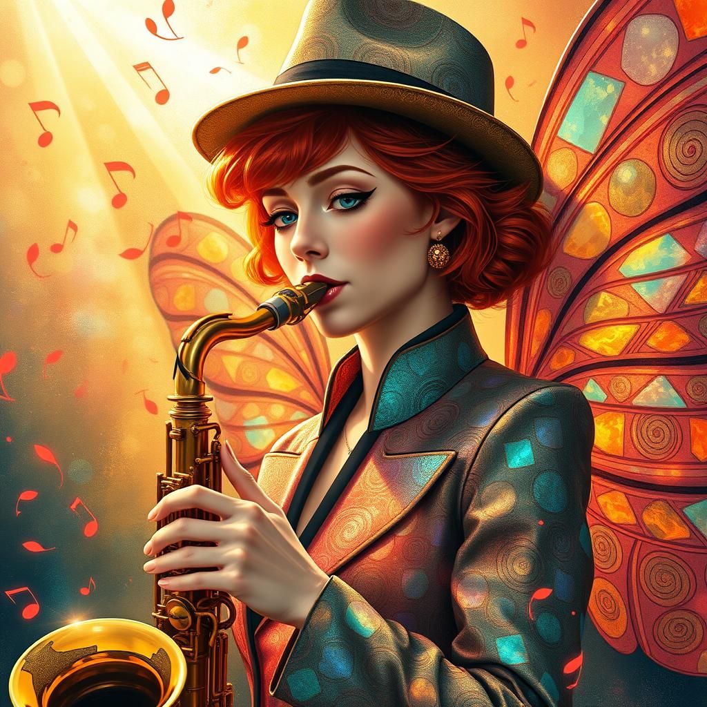 Woman with Saxophone and Fairy Wings in Graffiti Style