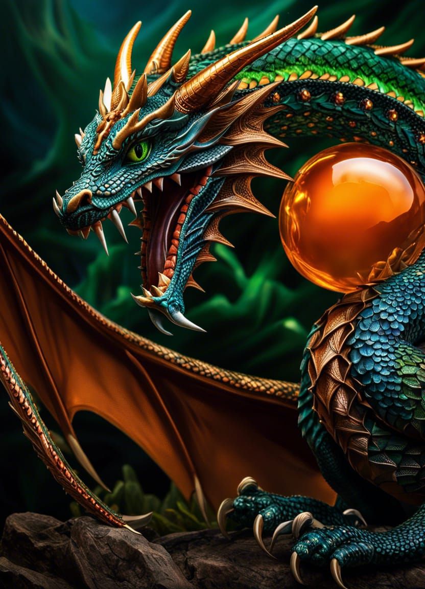 Colorful Dragon Holding Crystal Ball in Hyperrealistic Style