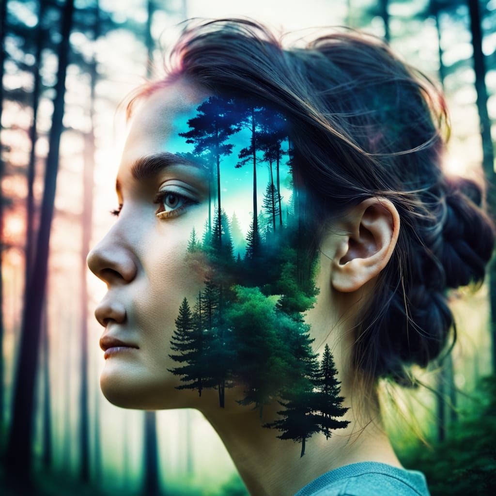 Vibrant Double Exposure Portrait of Woman and Forest