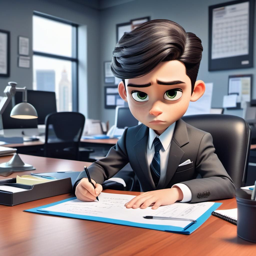 Disney Pixar style 3D little boy, wearing a business suit, sitting at a big desk in an office, writing on paper, concent...