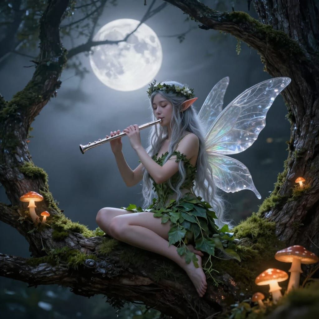 Ethereal Fairy Woman Plays Flute Under Full Moon