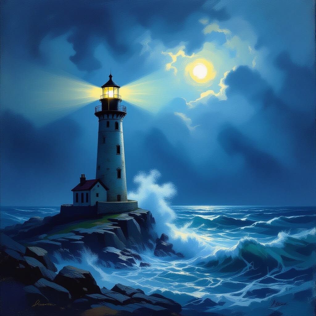 Lighthouse Beam Pierces Stormy Night Sea