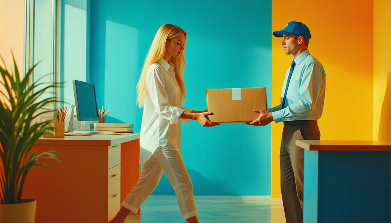 Secretary Receives Package: Hyperrealistic Cinematic Still