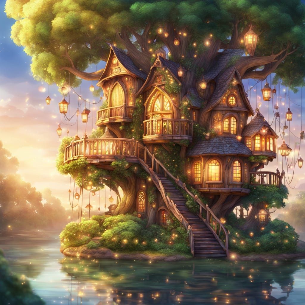 Enchanting Treehouse in Watercolor Style