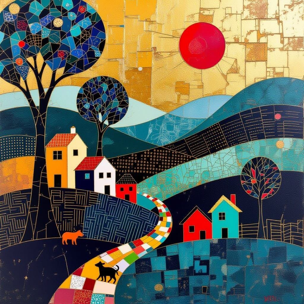 Surreal Landscape with Kintsugi Geometry and Impasto Texture