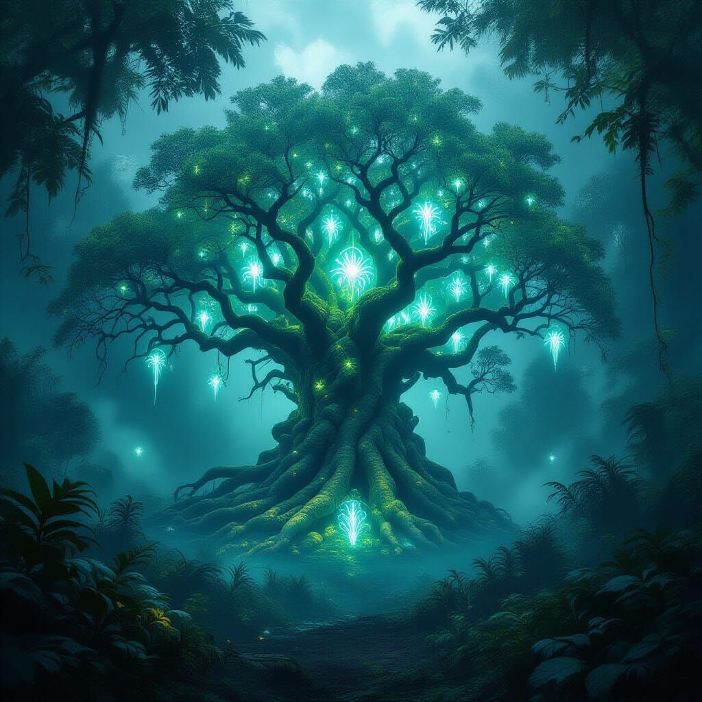 Ancient Bioluminescent Tree in Misty Jungle Clearing