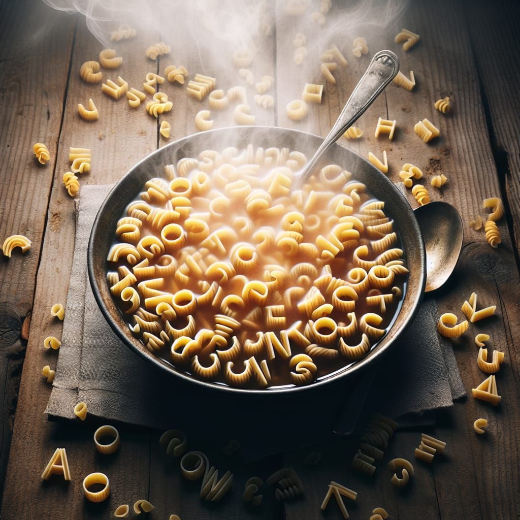 Alphabet Pasta in Soup: Digital Art Food Photography