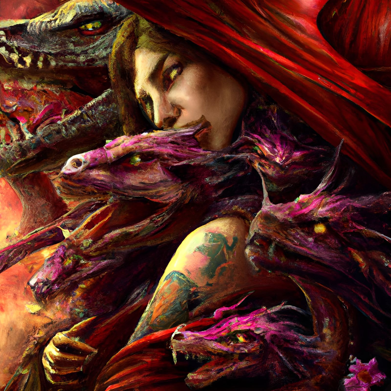 Red Dragon Tattoo Portrait in Art Nouveau Style