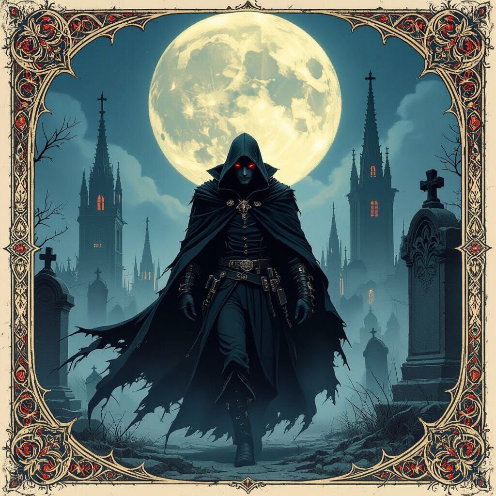 Vampire Hunter Stalks Graveyard Prey in Art Nouveau Style