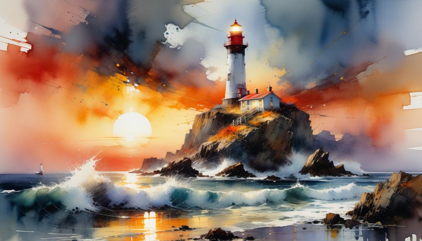Seaside Sunset Watercolor Painting with Lighthouse