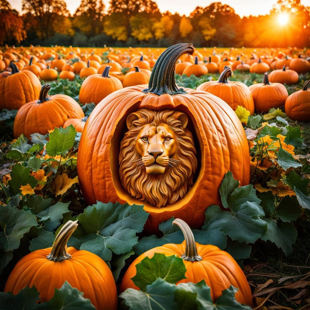 Lion Asleep Inside Giant Autumn Pumpkin Photo