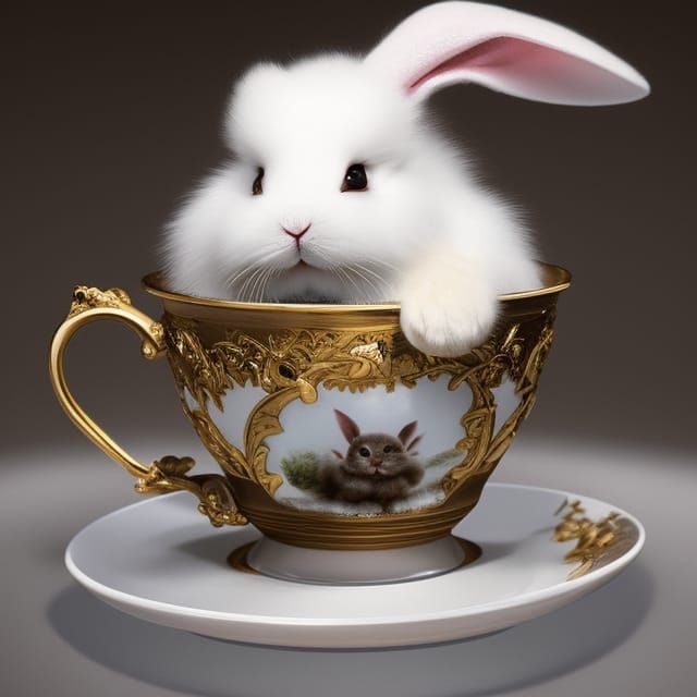 White Bunny in Teacup: Hyperdetailed Fantasy Art