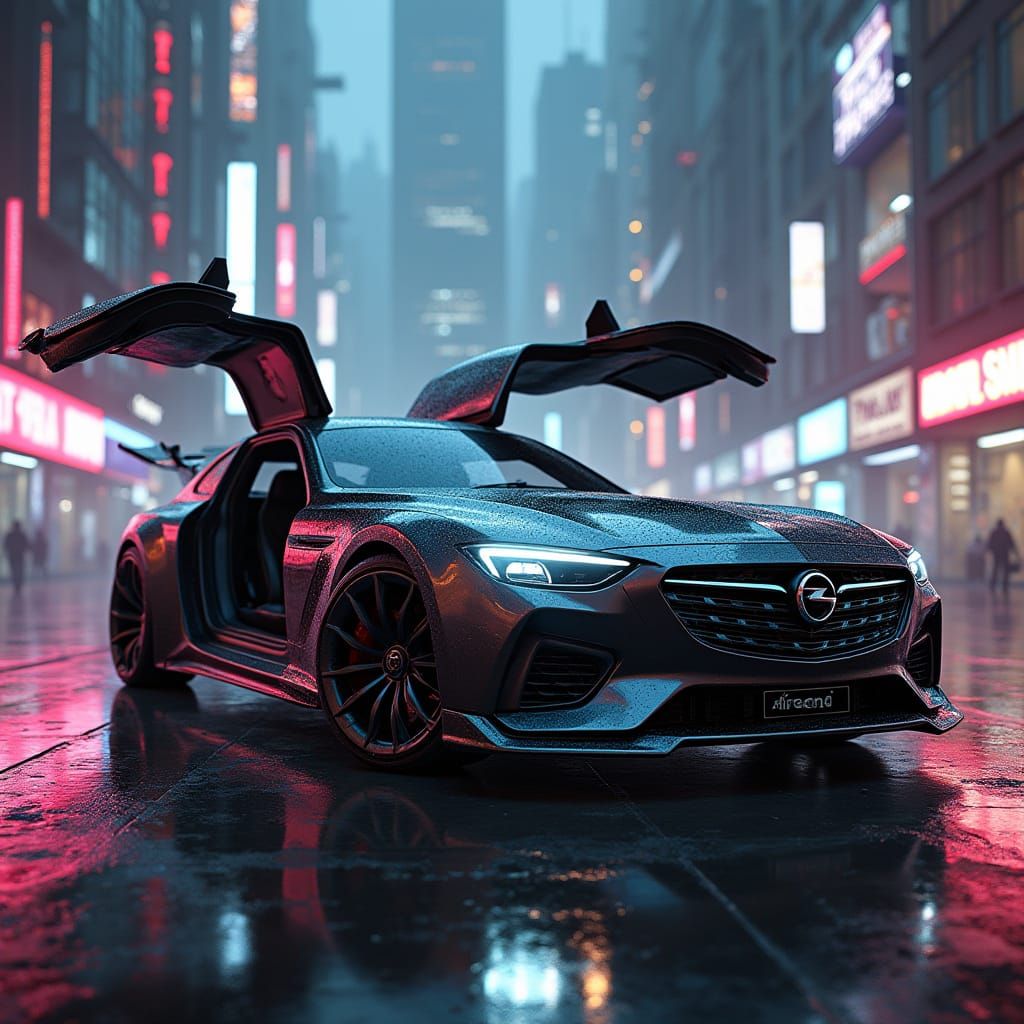 Sleek Futuristic Opel Insignia in Cyberpunk Cityscape