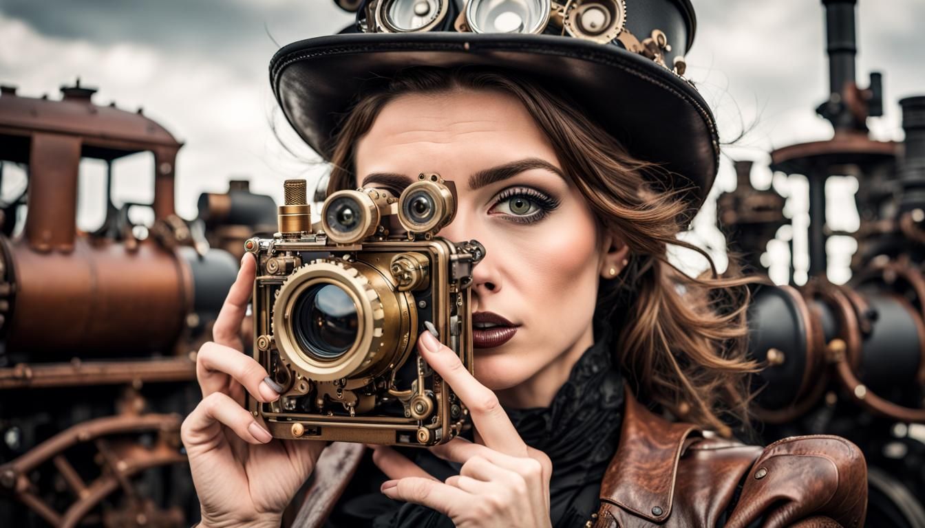 Steampunk Woman with 6x6 Camera, Low Angle