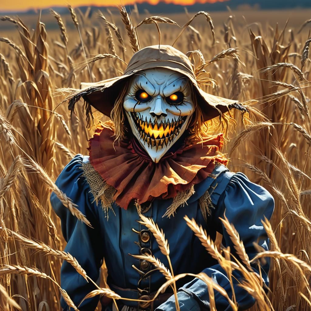 Creepy Scarecrow Smiles in Golden Wheat Field