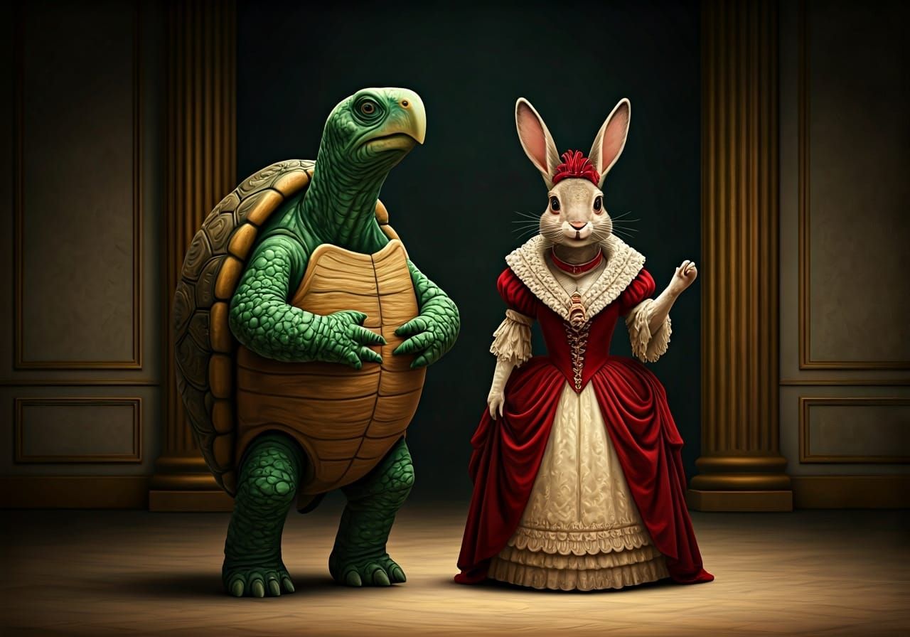 Anthropomorphic Turtle and Rabbit Opera Singers