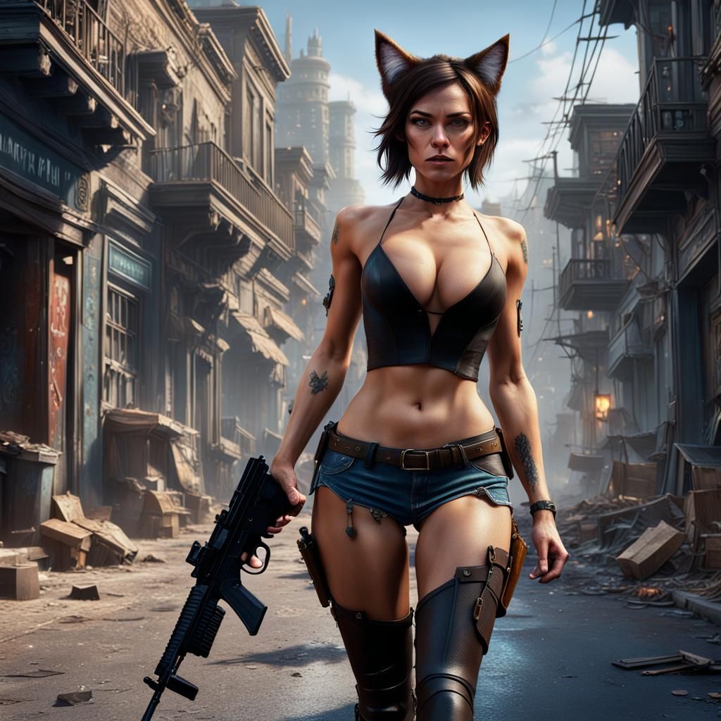 Brunette Cat-Girl Running With Gun: Matte Painting