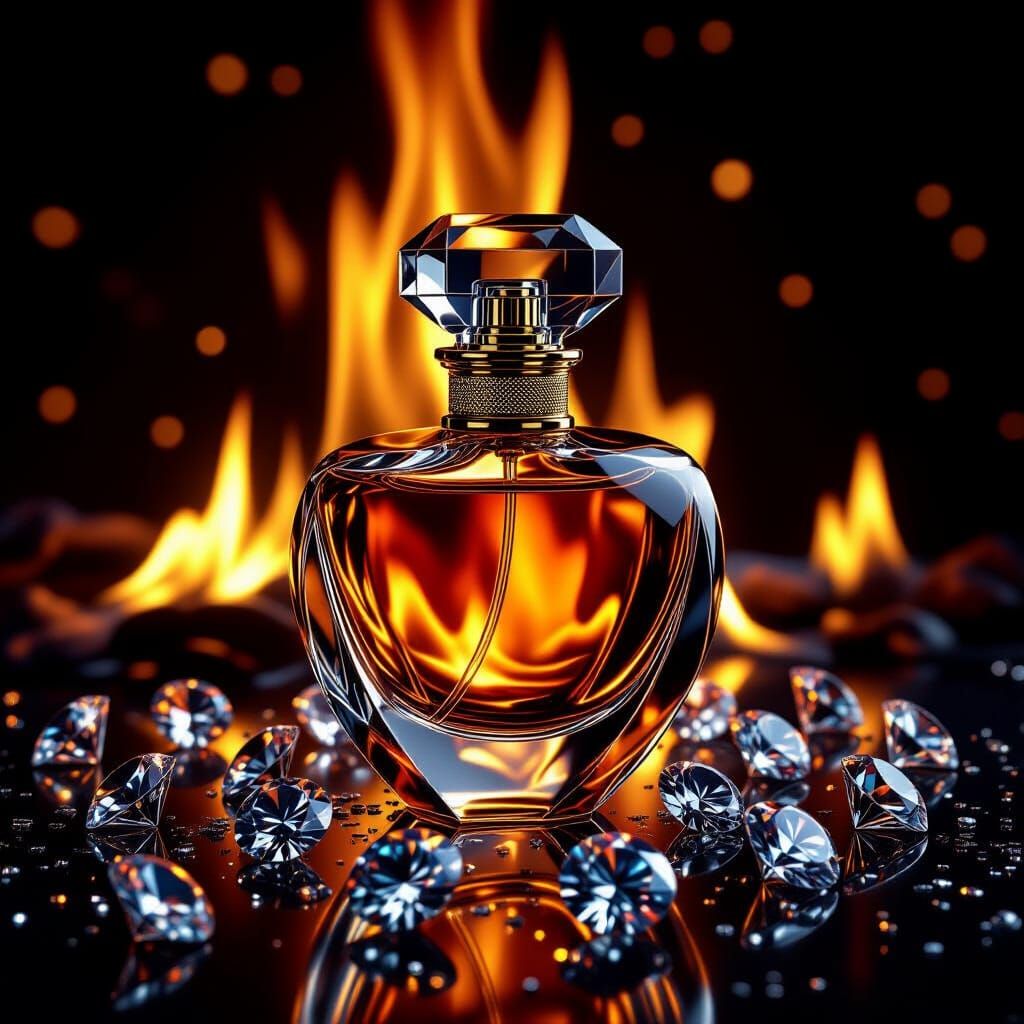 Heart Perfume Bottle with Fire and Diamonds in Dramatic Ligh...