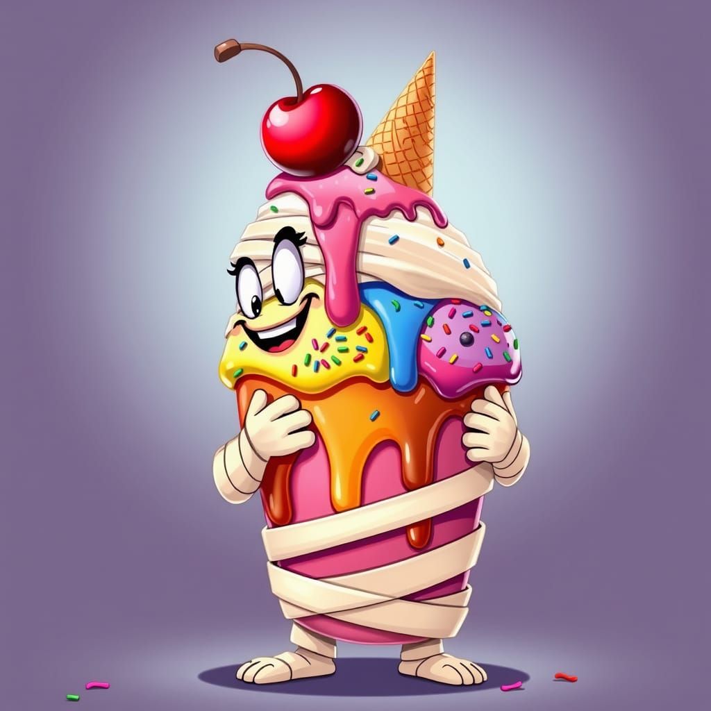 Mummy Gleefully Unwraps Giant Rainbow Ice Cream Sundae