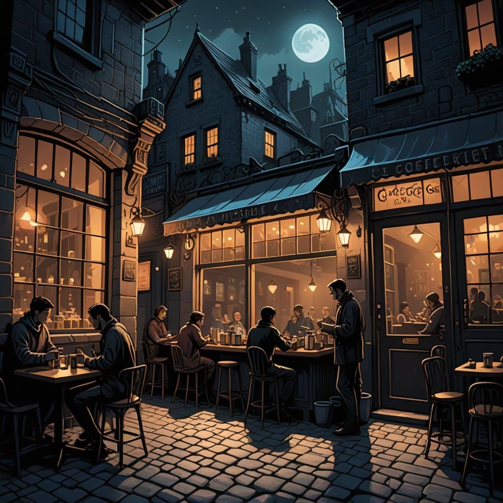 Mystical Coffeehouse on Moonlit Street with Spectral Patrons