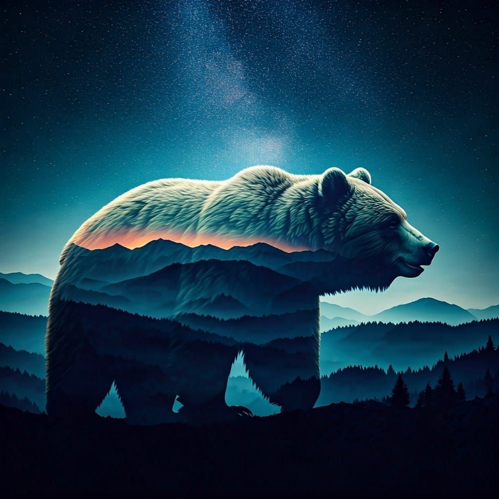 Bear Silhouette with Starry Sky in Surreal Style
