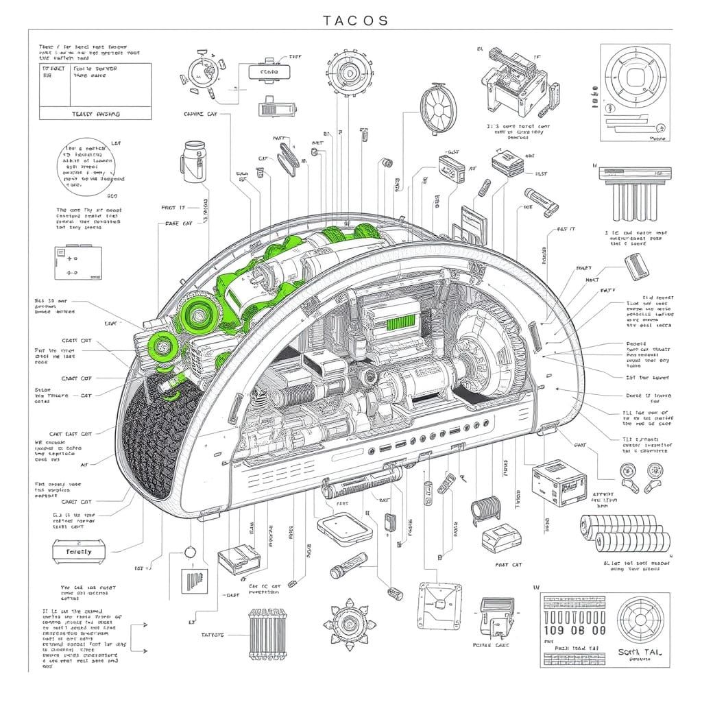 Hyper-Detailed Exploded Taco Schematic in Synth-Wave Style