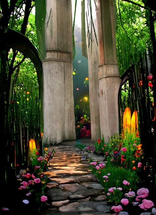 Lush Bamboo Archway with Flowers, Detailed Fantasy Painting