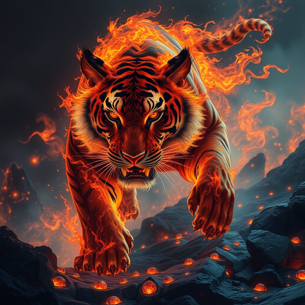 A fierce liquid fire tiger composed entirely of molten lava is in the middle of an ablaze battlefield. The burning body ...