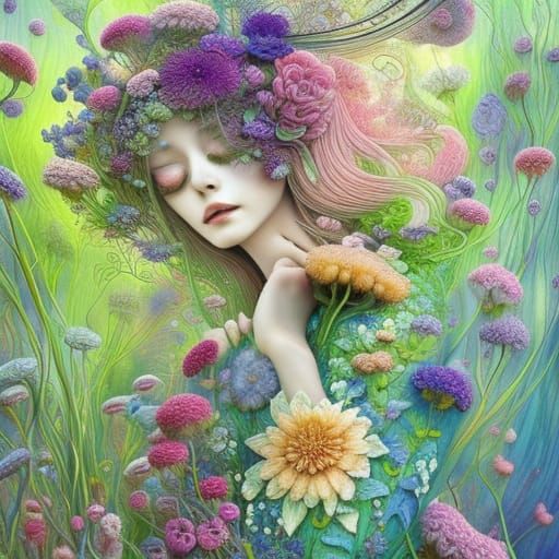 Embroidered Lace Flowers with Ink Flow in Gouache Style