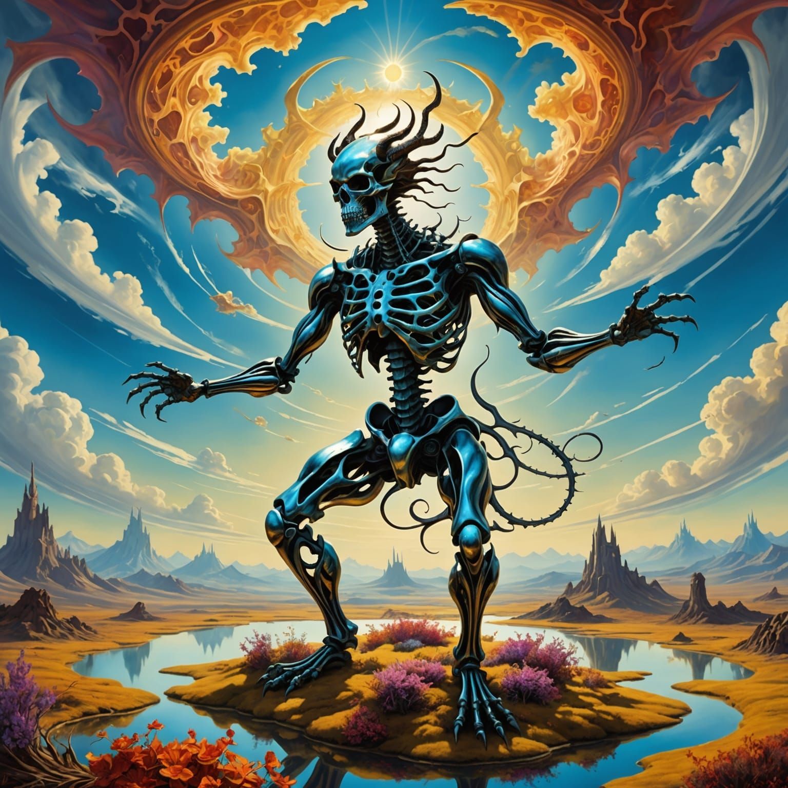 Surreal Landscape with Elastic Flora and Skeleton Dragon