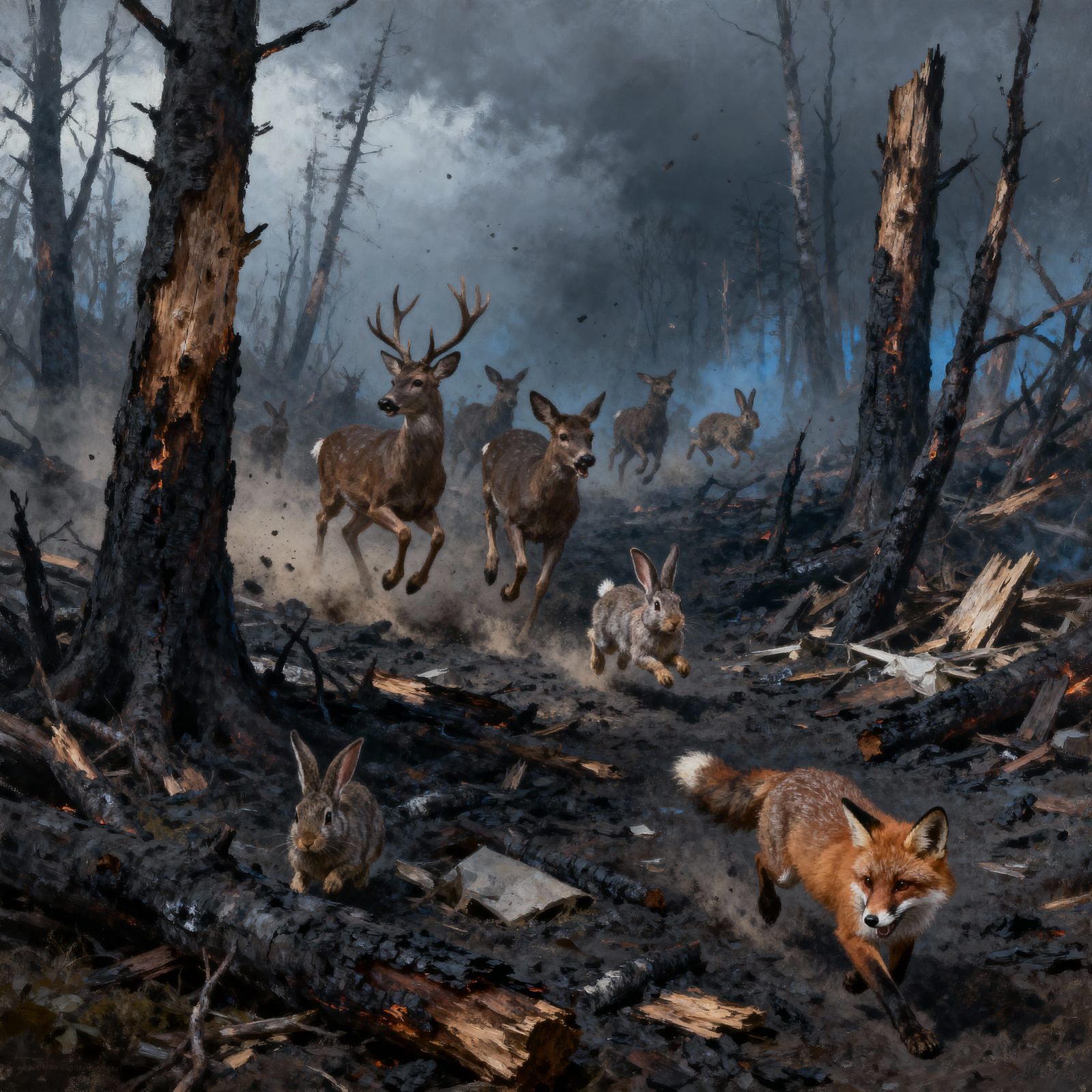 Animals Fleeing Devastated Forest in Somber Hues