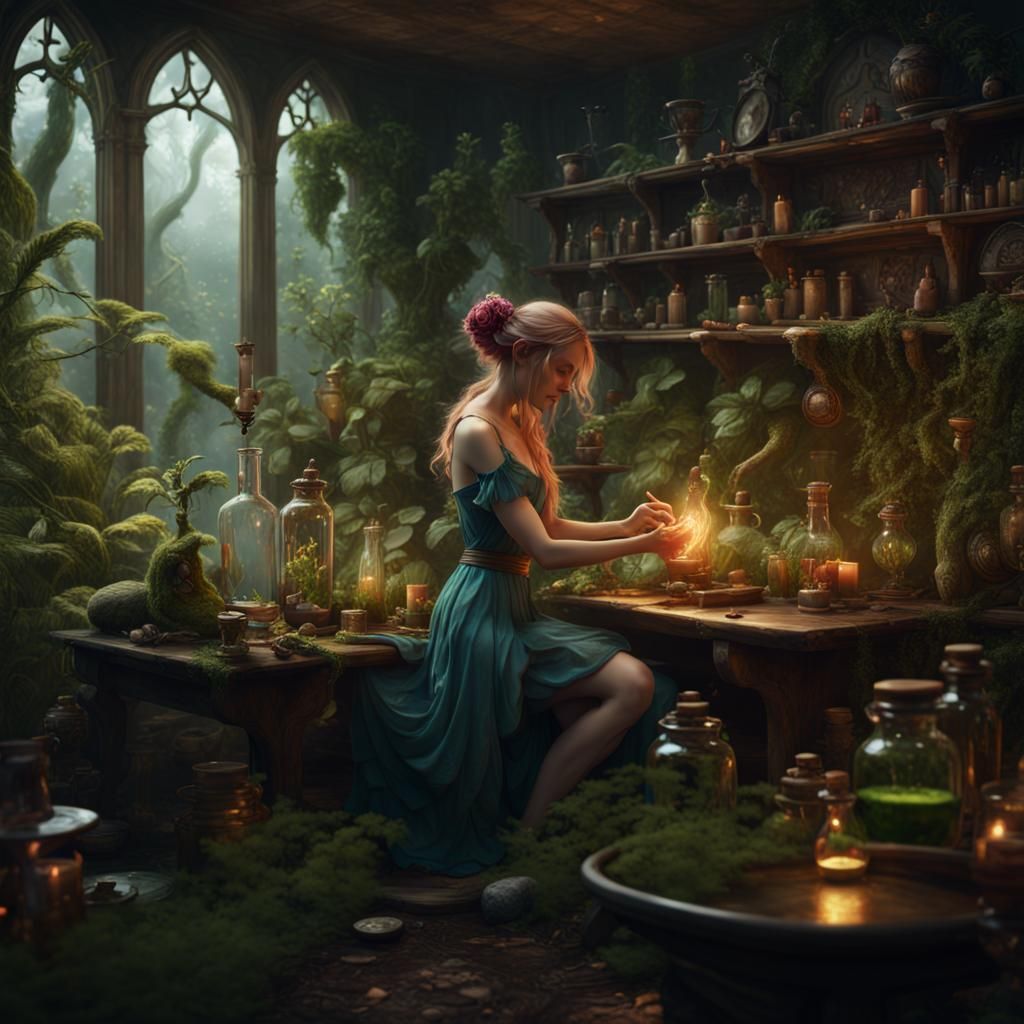 Fairy Brews Potion in Nature-Filled Room