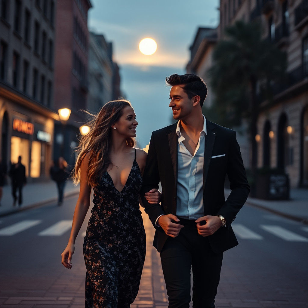Romantic Moonlight Stroll on City Street
