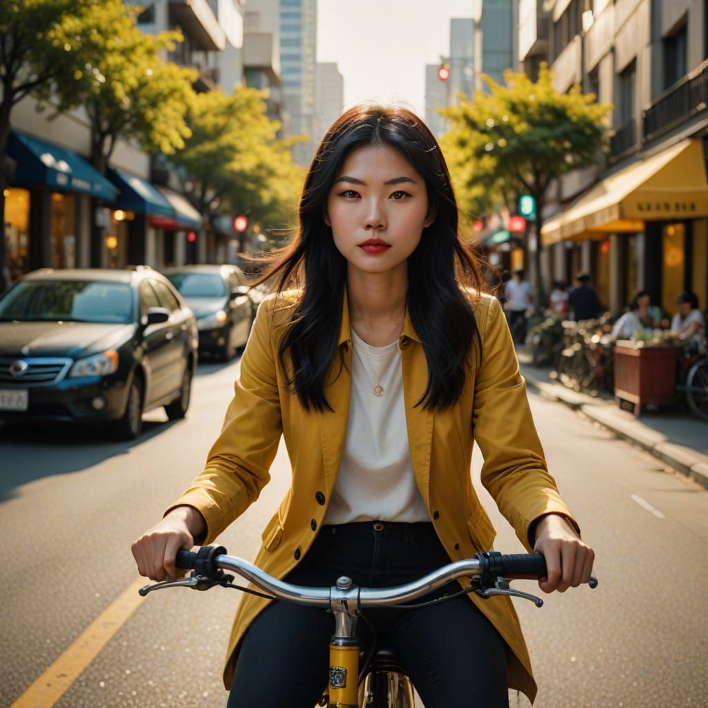 Taiwanese Girl on Bicycle in Golden Hour Glow