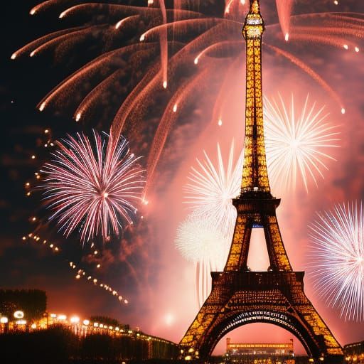 Eiffel Tower Fireworks Display at Night