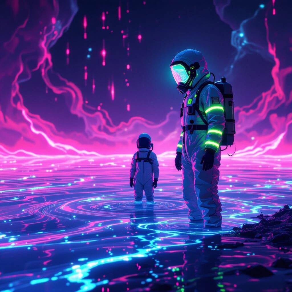 Hazmat Figure at Edge of Swirling Soup, in Sci-Fi Style