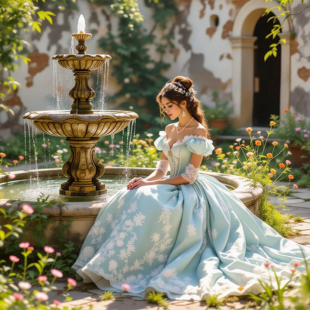 Pastel Princess in Abandoned Courtyard, Impressionistic Styl...